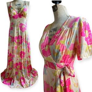 Vintage 70s Vanity Fair Nightgown Robe Set Matching Floral Dayglow